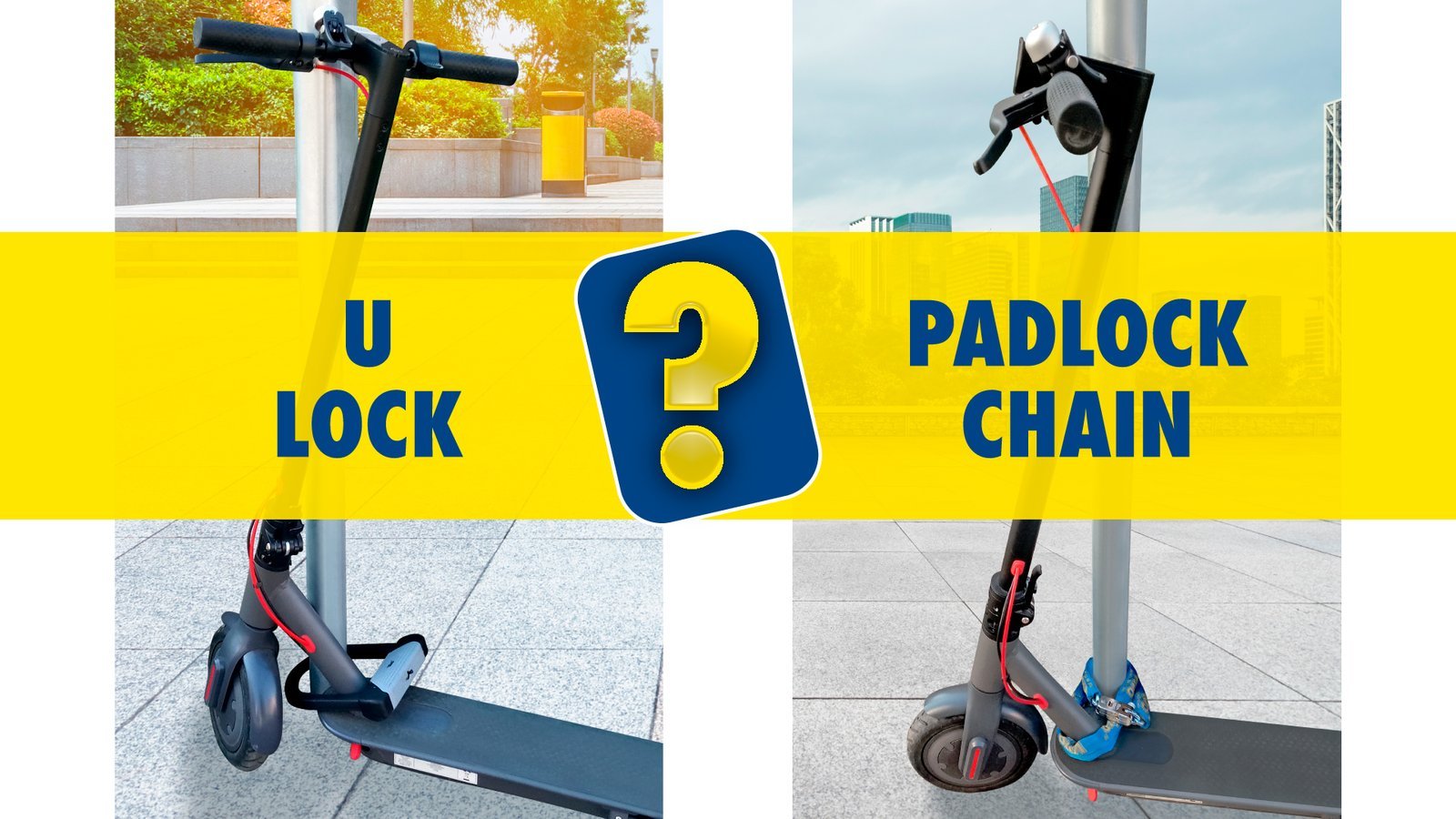 A thick steel lock securing a kick scooter frame to a street post.