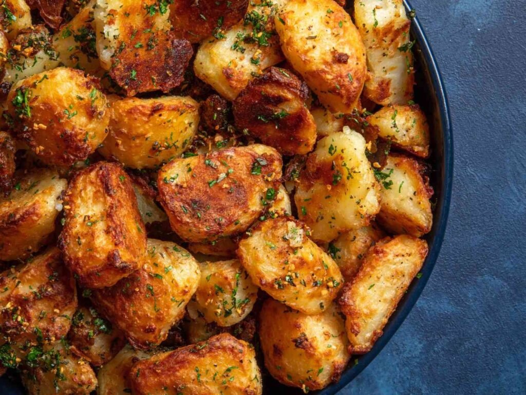 A tray of golden crispy oven roasted potatoes seasoned with fresh herbs and salt.