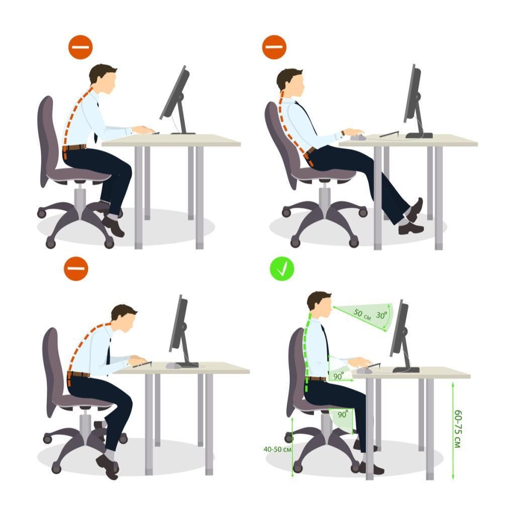 A person demonstrating the correct way to sit in an ergonomic office chair.