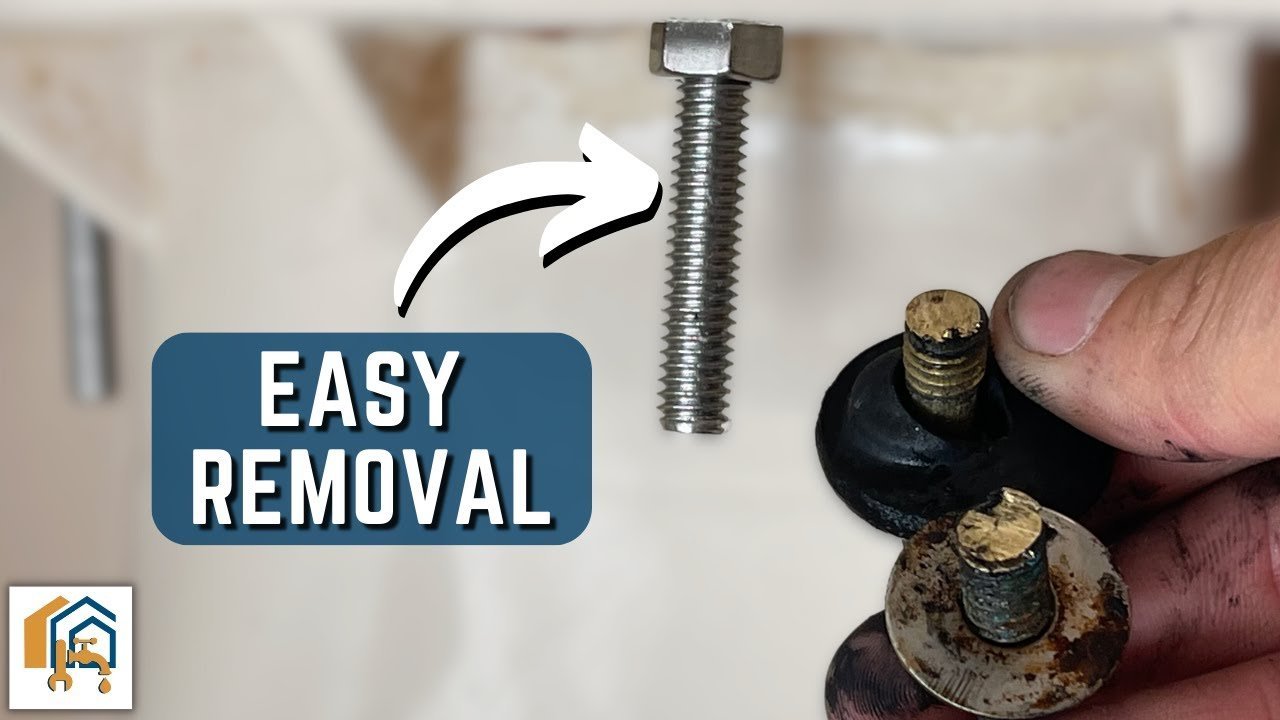 A homeowner inspecting rusted toilet seat bolts in a bright modern bathroom.
