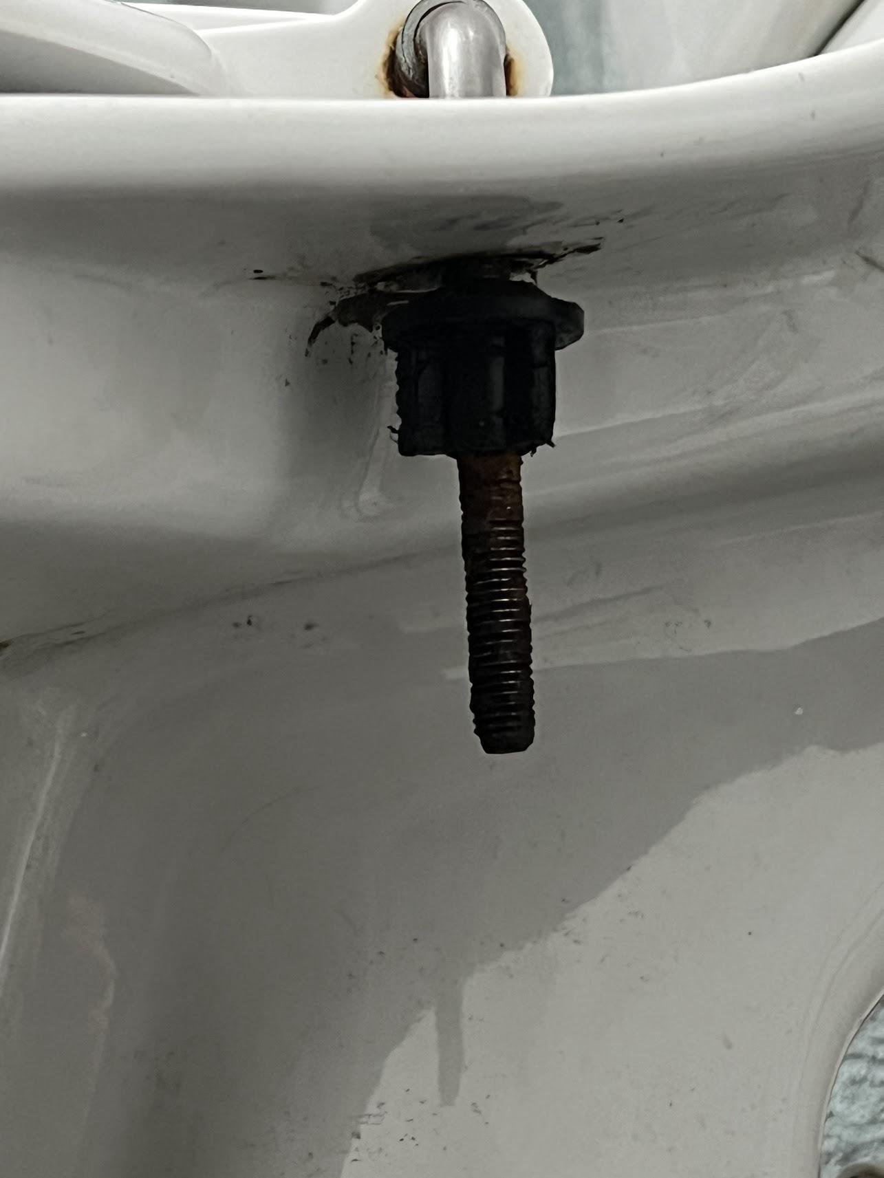 Applying penetrating oil to rusted toilet seat bolts to loosen the hardware.