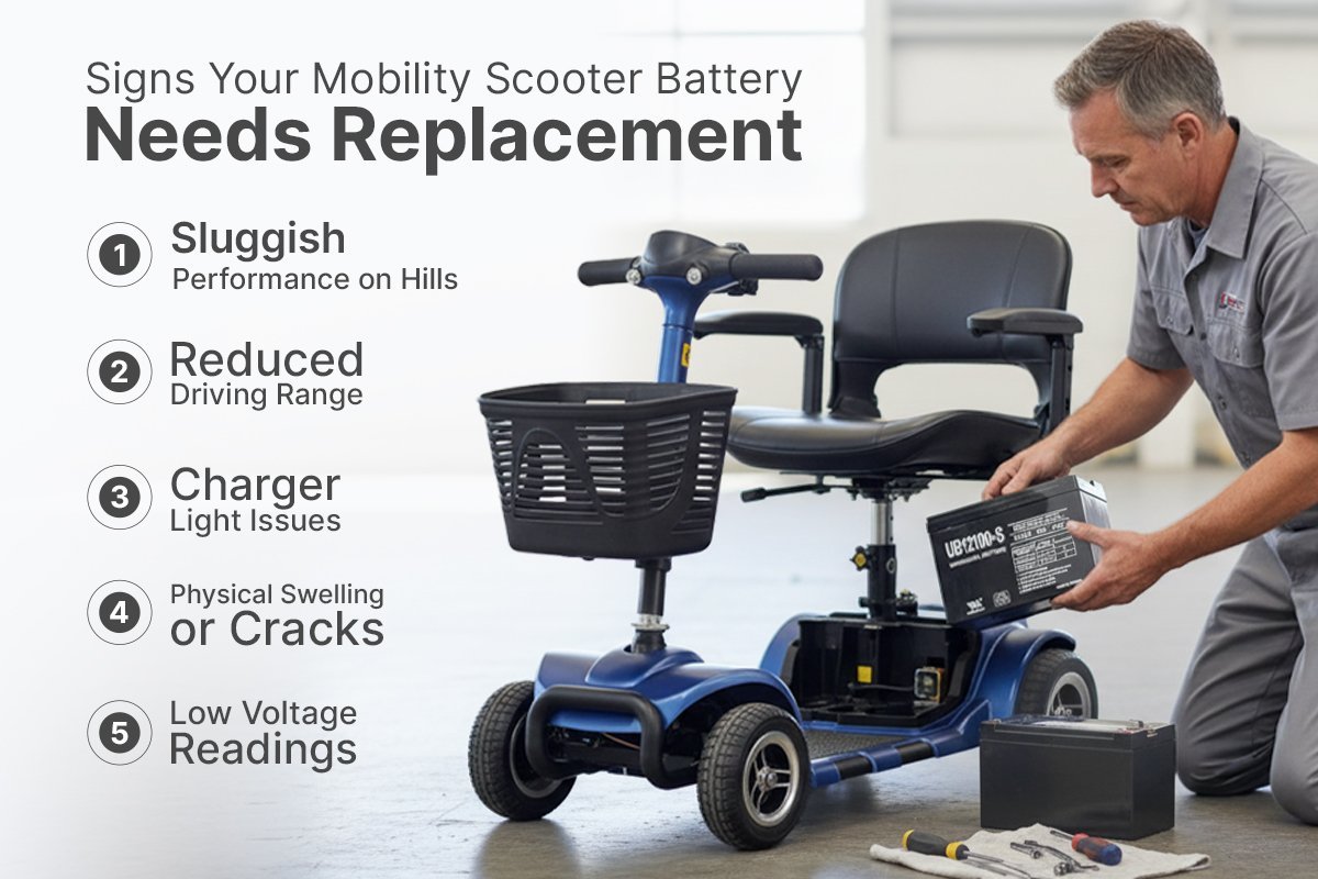 A person consulting a manual while working on a mobility scooter repair.