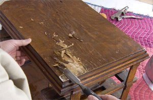 Close-up of a damaged veneer table edge showing the separation of wood layers.
