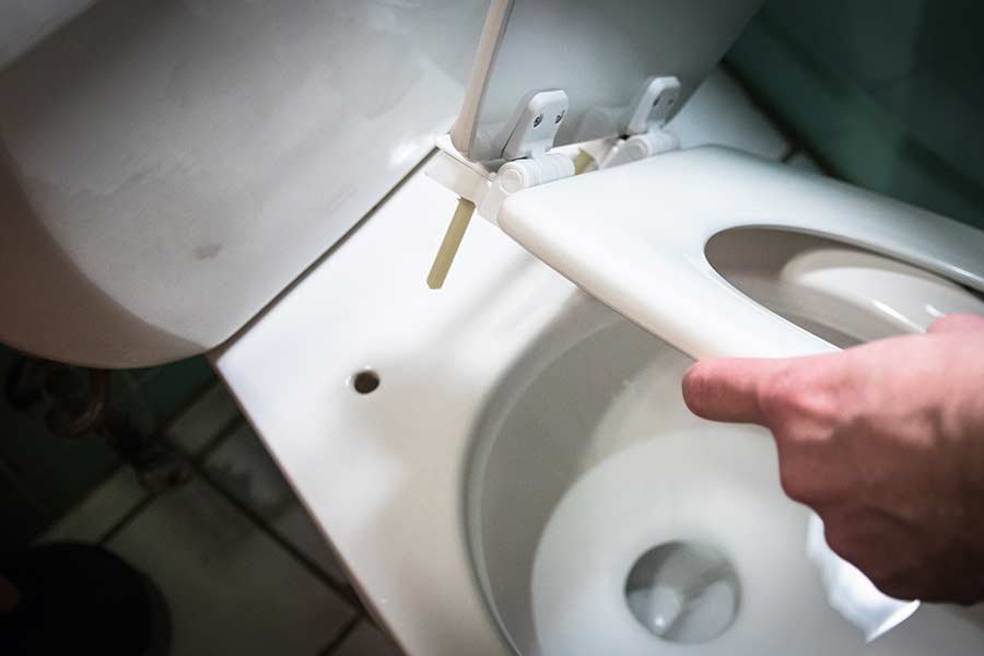Rusted metal hardware on a toilet seat showing signs of wear.