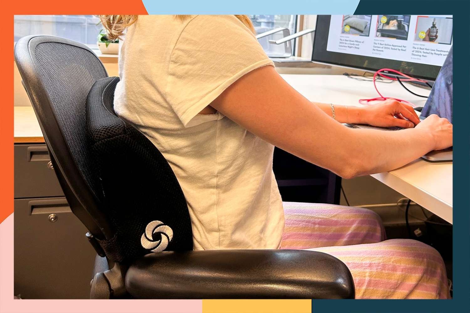 A person sitting incorrectly in an office chair with misaligned lumbar support.