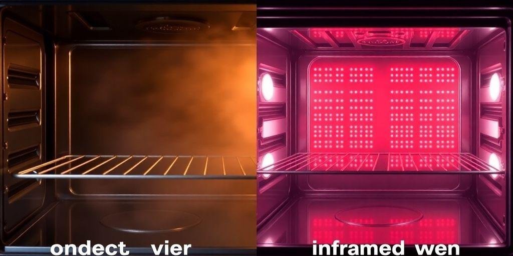 A modern kitchen setting comparing an infrared oven and a conventional oven side-by-side.