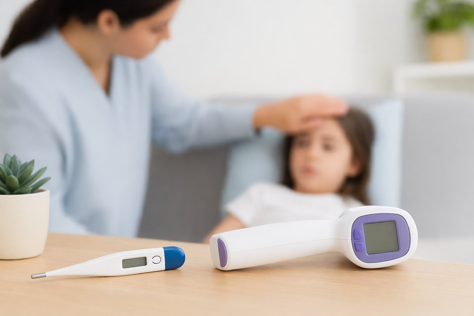 Infrared and digital thermometer tools displayed together on a wooden kitchen surface.