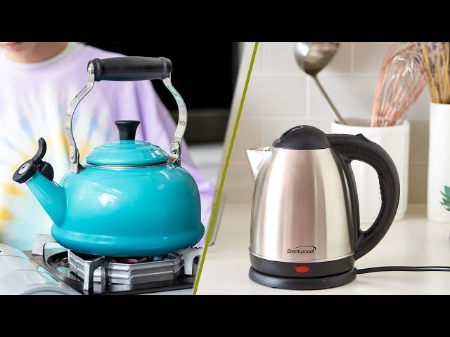 An electric kettle, stovetop kettle, and microwave displayed together in a clean kitchen setting.