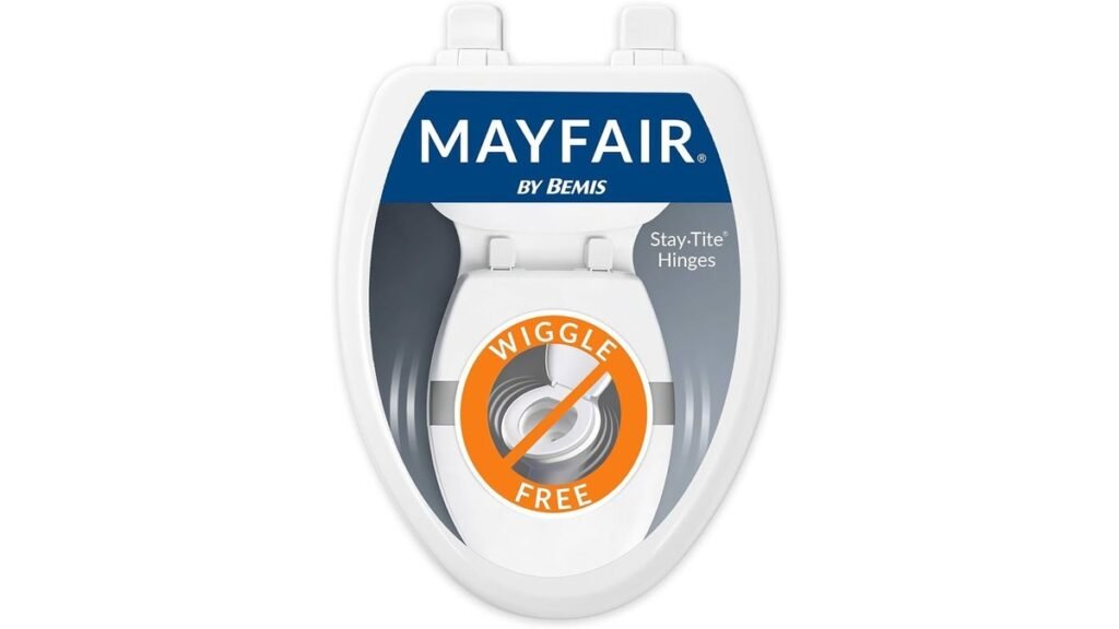 A Mayfair linden toilet seat with slow-close hinges installed in a bright bathroom.