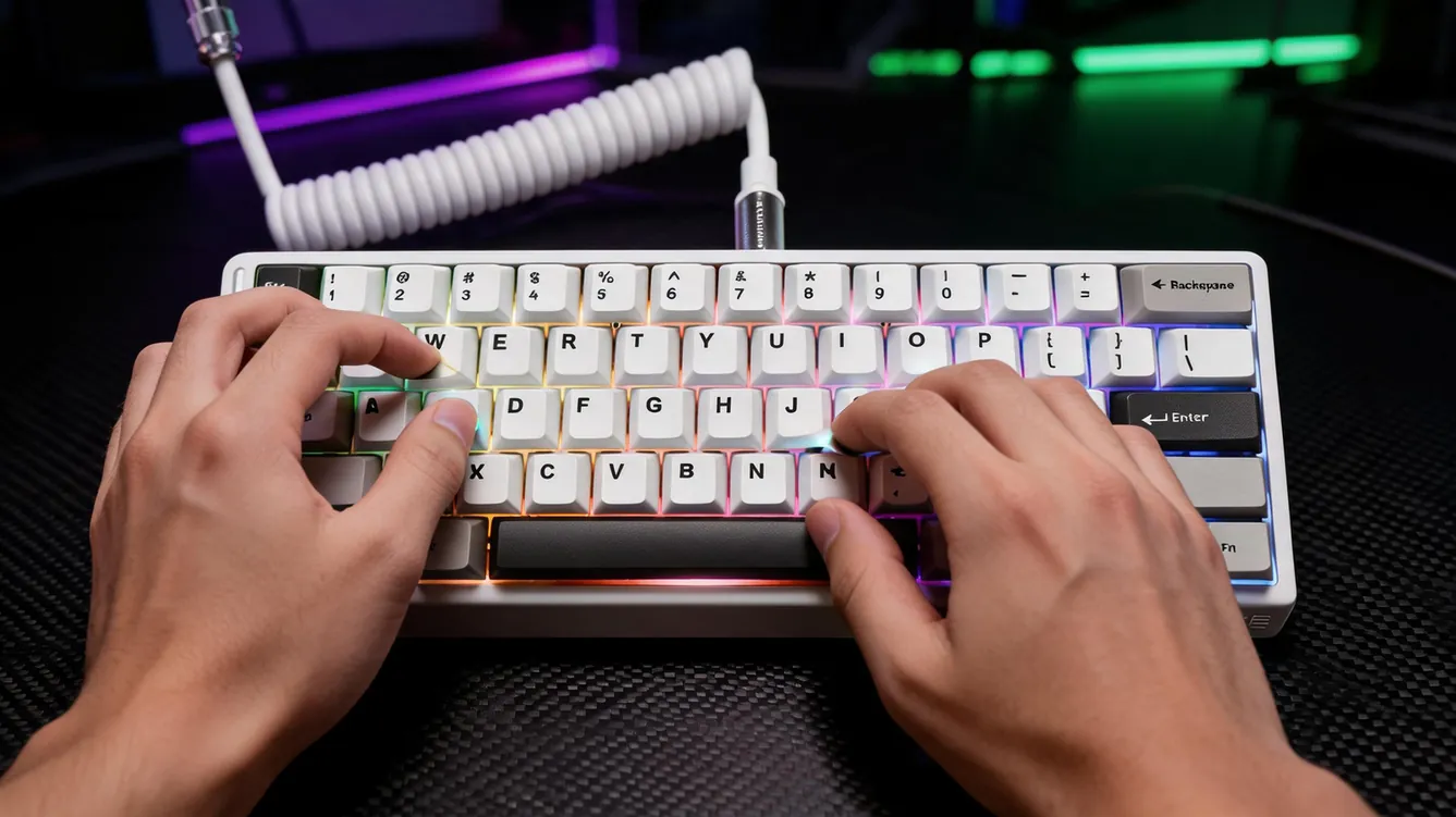 Mechanical keyboard switches and keycaps are arranged neatly on a wooden workbench.