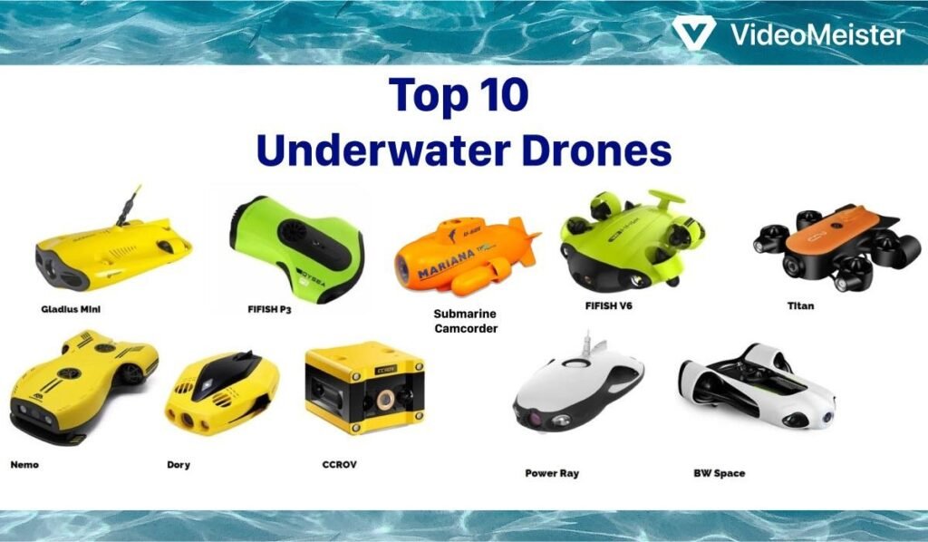 A modern underwater drone exploring a colorful coral reef in clear blue ocean water.