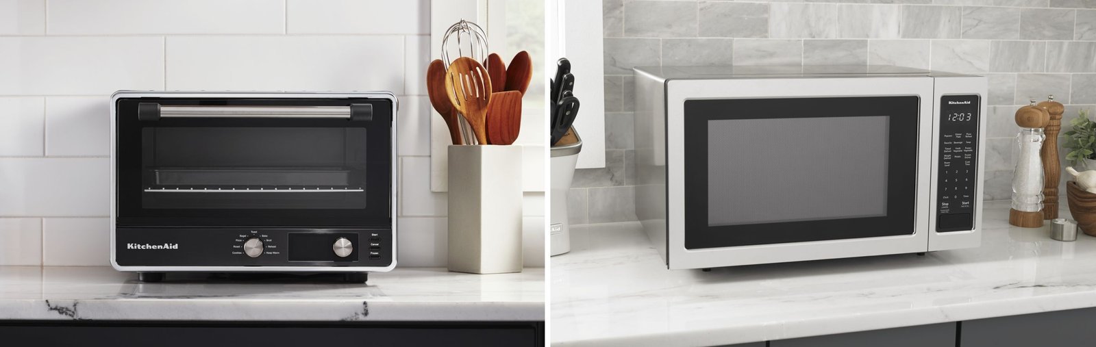 A home cook choosing between using a microwave or an oven for food preparation.