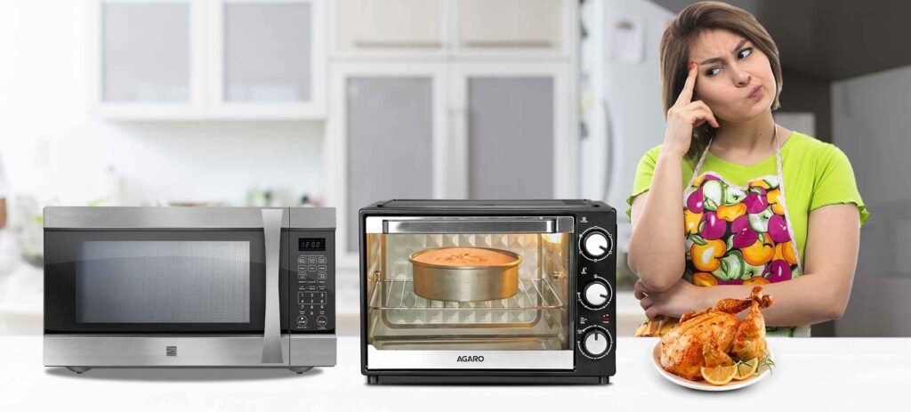 A modern kitchen showcasing both an oven and microwave for comparing cooking appliances.