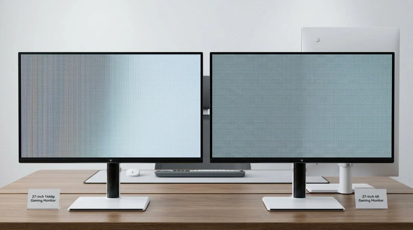 A person sits comfortably viewing a large gaming monitor at a tidy desk.