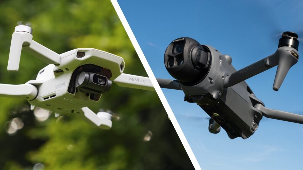 A professional mirrorless camera and a travel drone sitting on a wooden trunk.