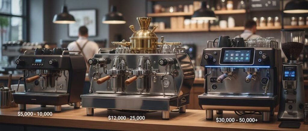 A sleek espresso machine on a marble countertop with scattered coffee beans.