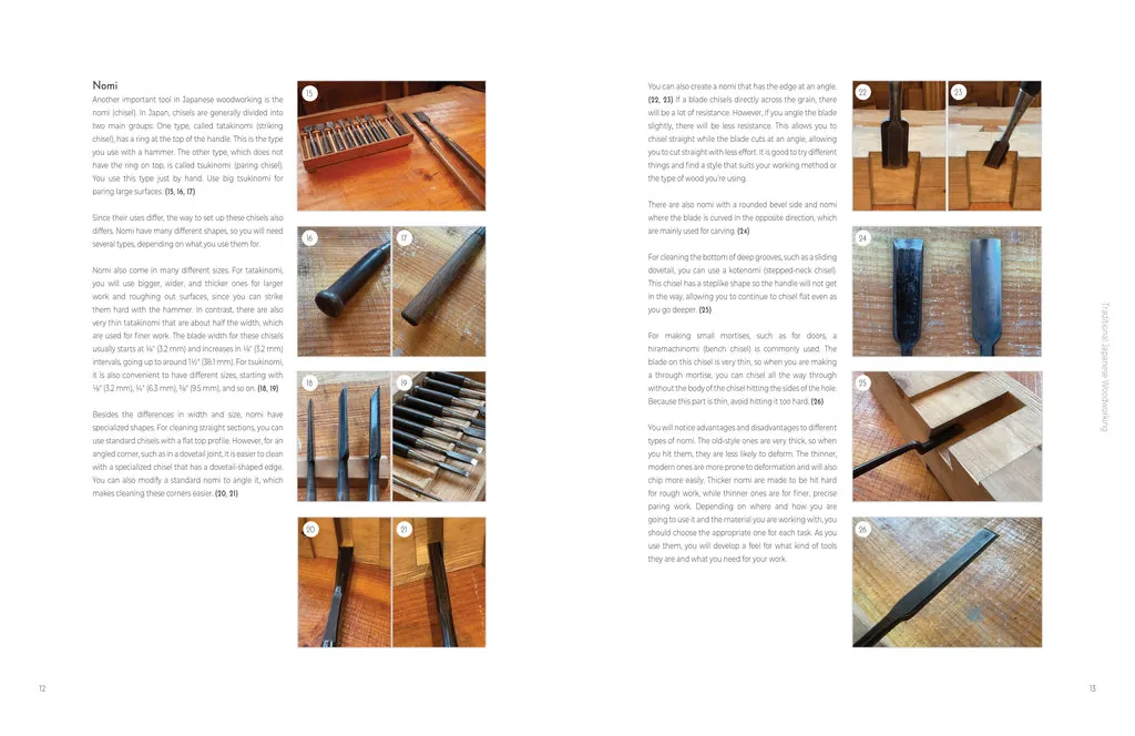 Three different chisel sizes resting on a pine board for beginners.