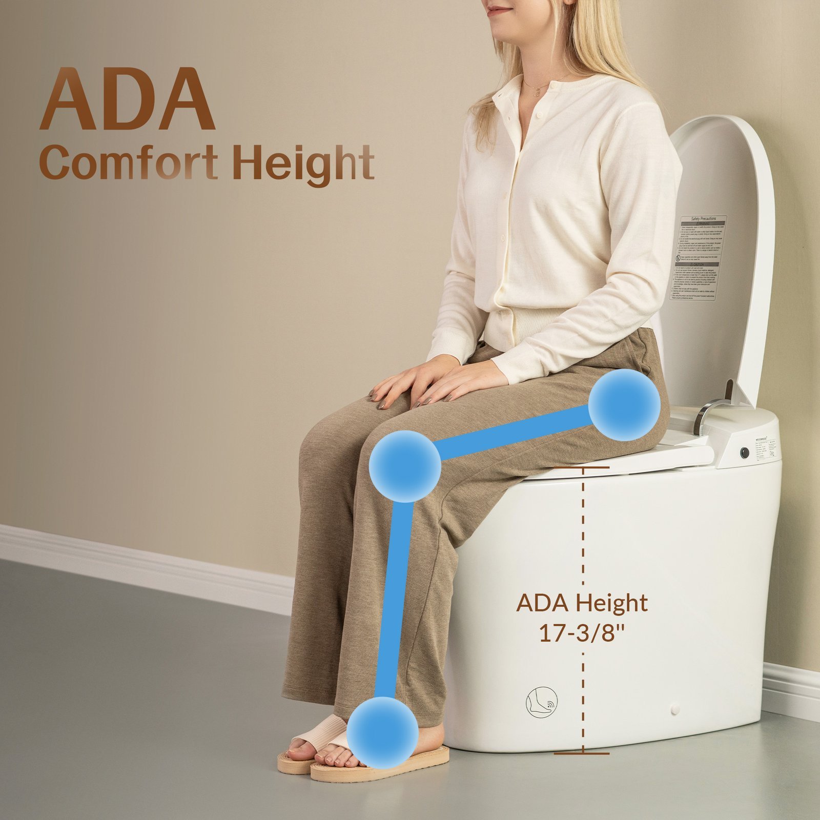Hands installing a white toilet seat riser onto a ceramic toilet bowl.