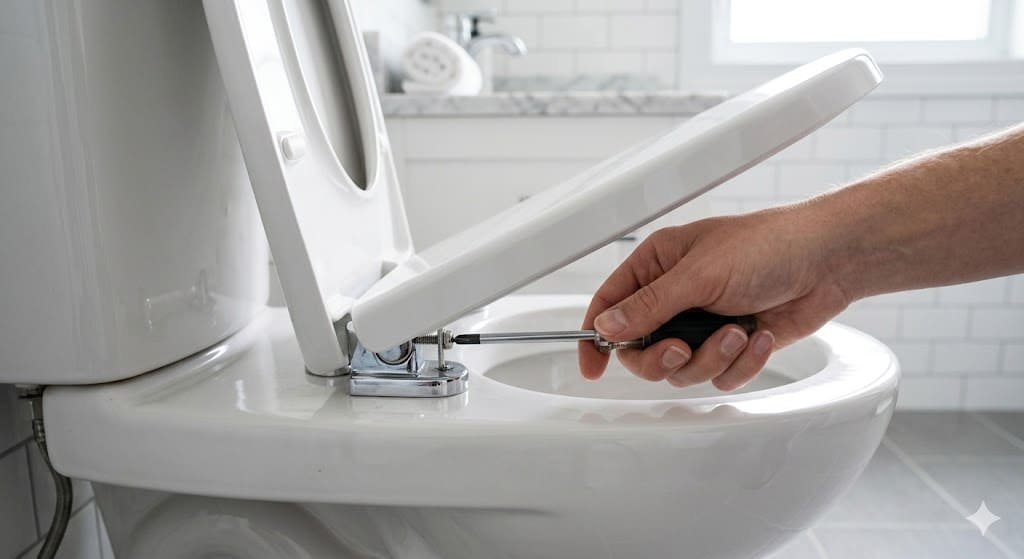 A modern white toilet seat that will not stay up in a clean bathroom.