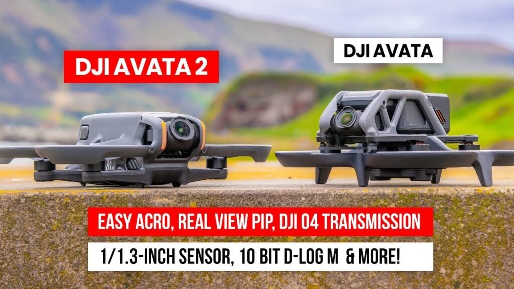 Two DJI Avata FPV drones displayed side by side on a clean studio surface.