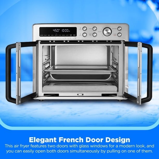 Close up of high quality oven control knobs and a digital display panel.