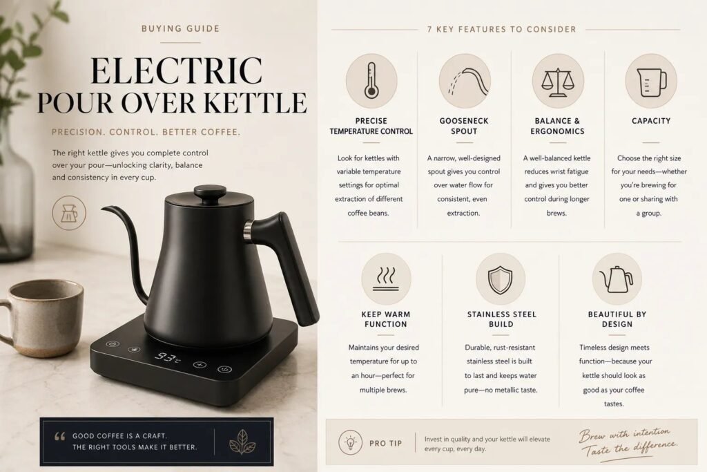 Three modern electric kettles displayed on a kitchen counter for a buying guide.
