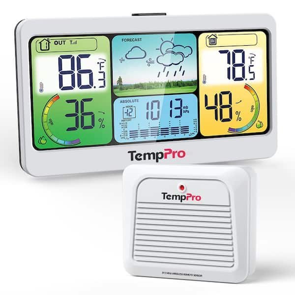 Hands replacing batteries in a digital thermometer device on a clean workbench.