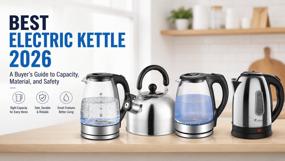 Stainless steel and glass electric kettles sitting on a granite kitchen island.