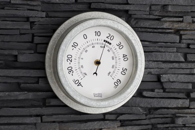A modern outdoor thermometer mounted on a wooden fence in a lush garden.
