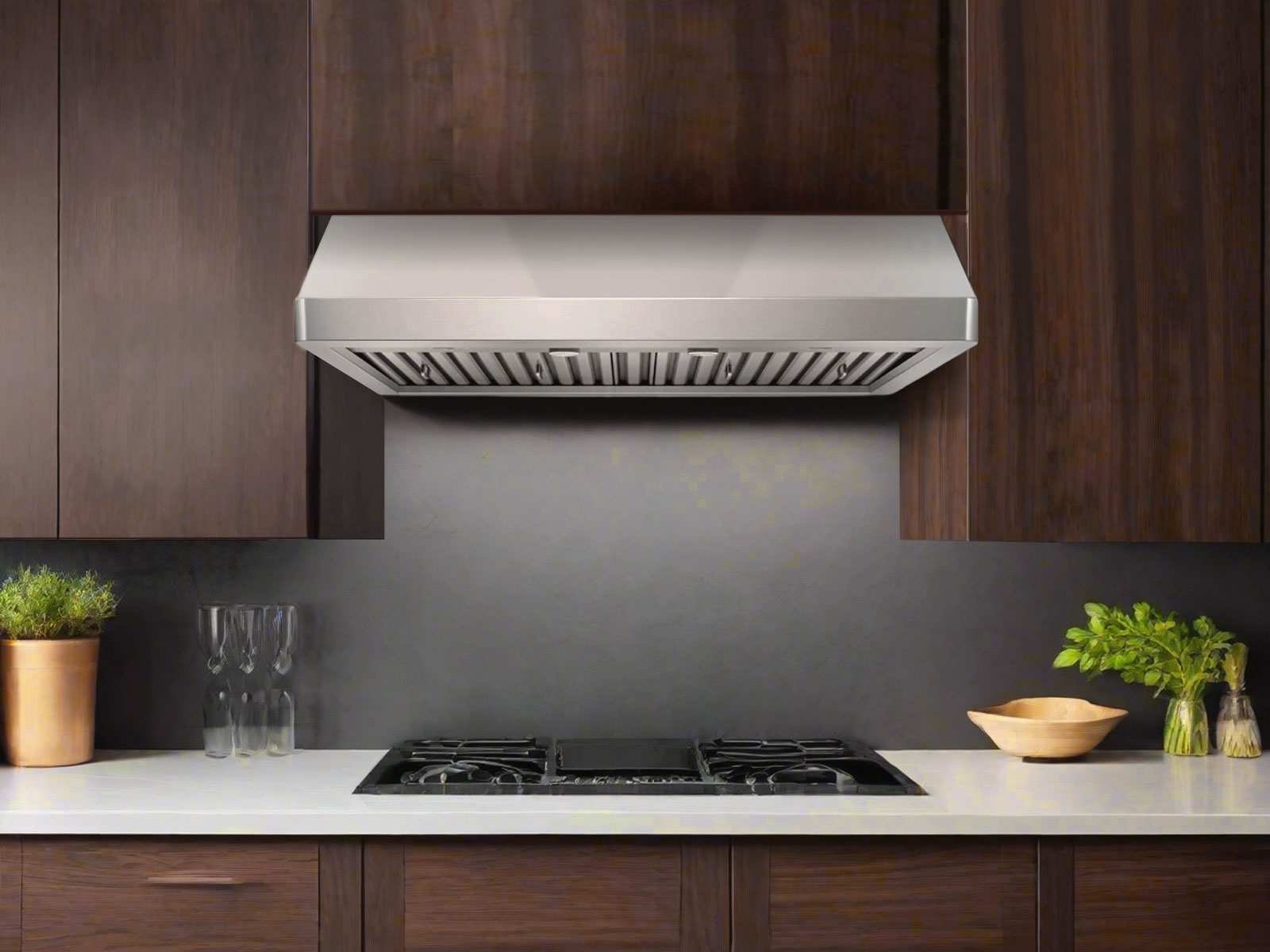 A compact under-cabinet range hood fits perfectly in a narrow galley kitchen space.
