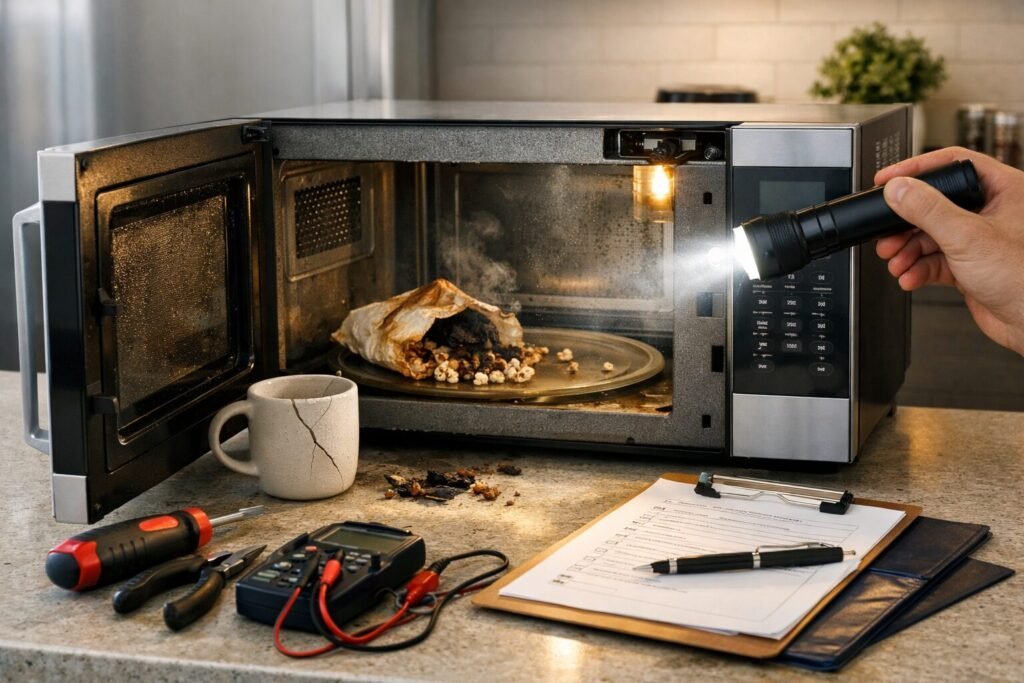 Close-up of a microwave oven interior featuring an integrated air-fryer tray.
