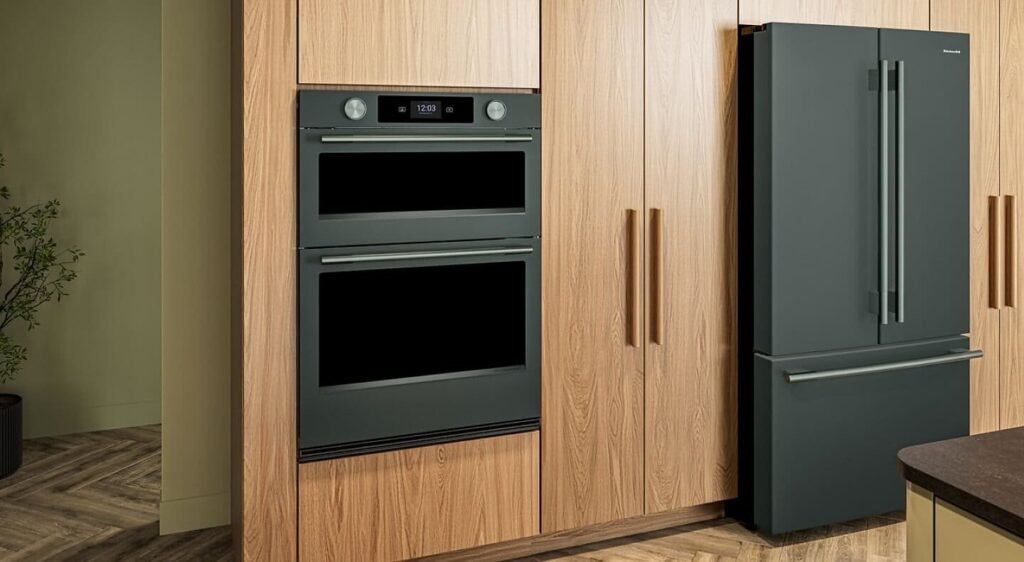 A modern multifunctional microwave oven sits on a bright kitchen countertop.