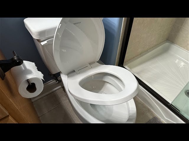 A modern elongated toilet seat installed in a bright and clean contemporary bathroom.