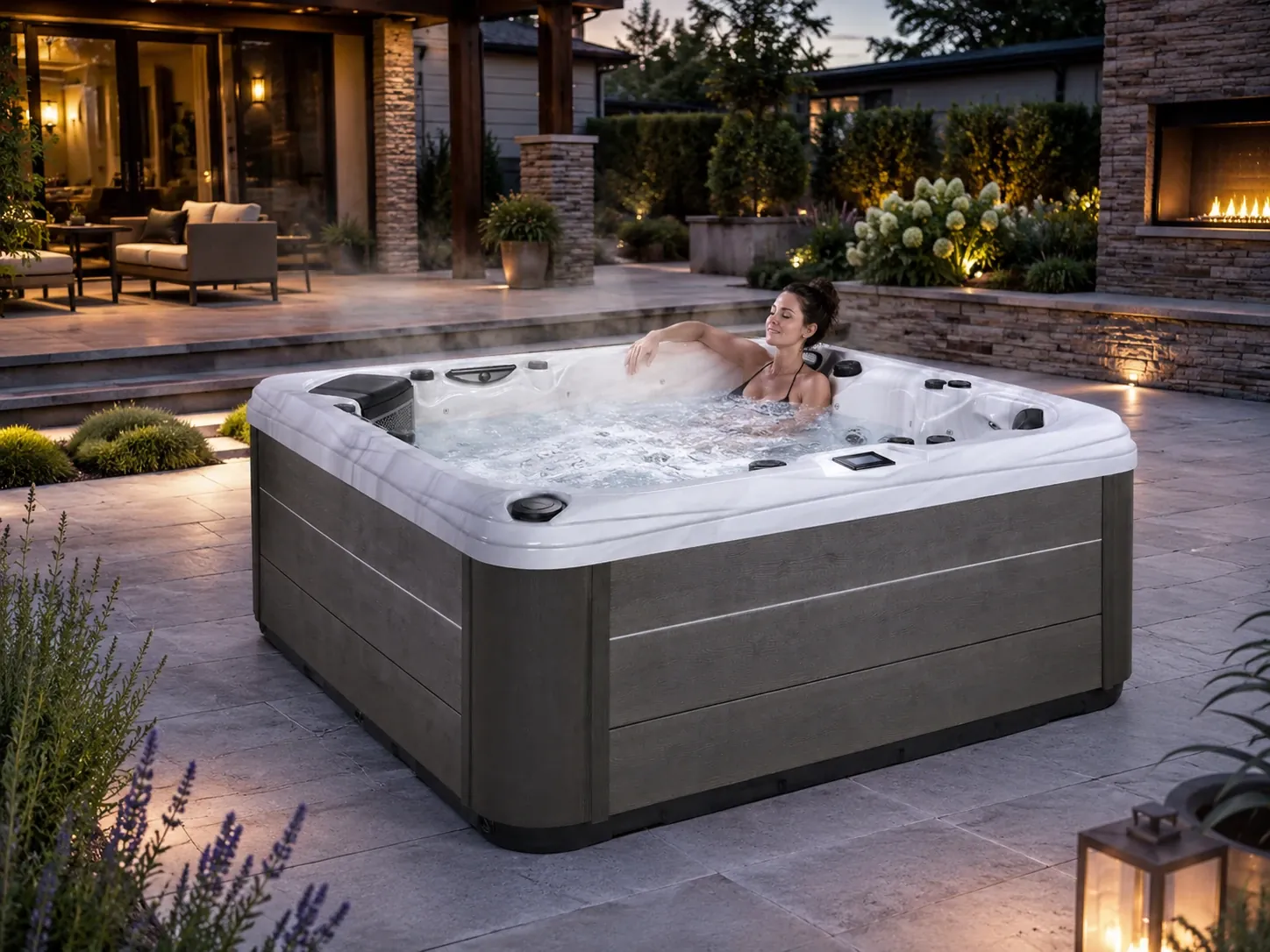 Adjustable stainless steel jets inside a modern outdoor hot tub filled with water.