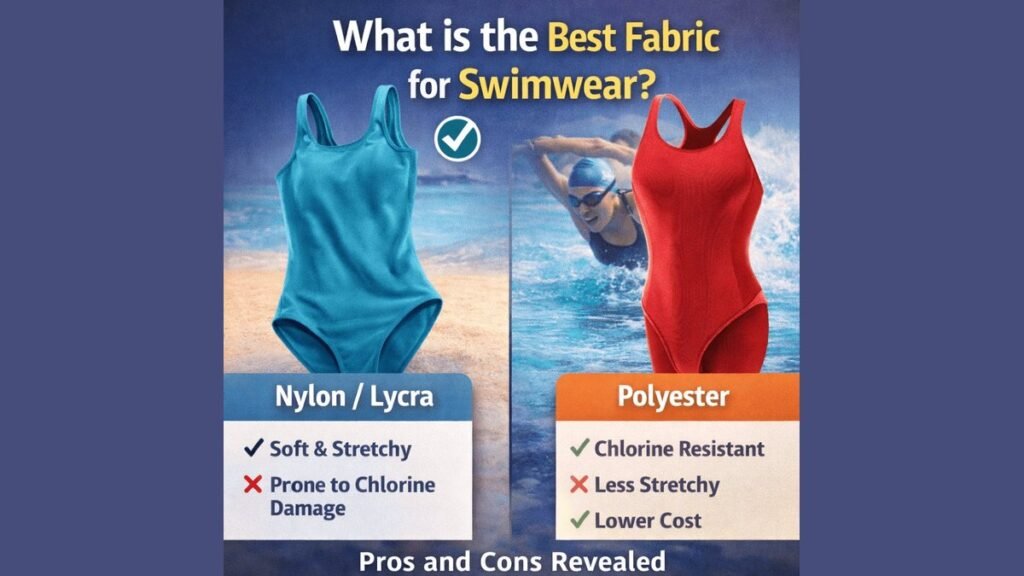Assorted swimsuits on a patio next to a clear chlorine pool under a sunny sky