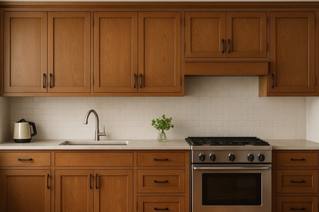 An assortment of high-quality wood samples for custom cabinetry on a bright workbench.