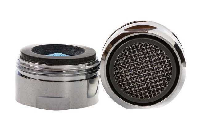 An assortment of premium faucet aerators displayed on a clean marble surface.