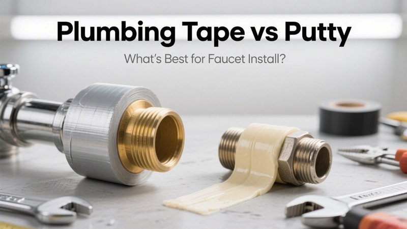 An assortment of professional plumbing tapes and sealants displayed on a clean workbench.