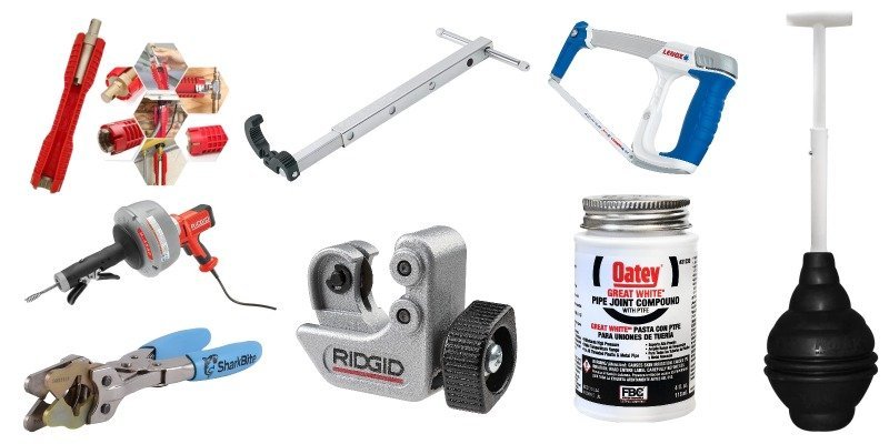 An assortment of professional Ridgid plumbing tools displayed on a clean wooden workbench.