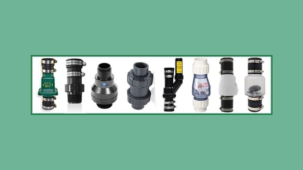 An assortment of professional sump pump check valves arranged on a neutral surface.
