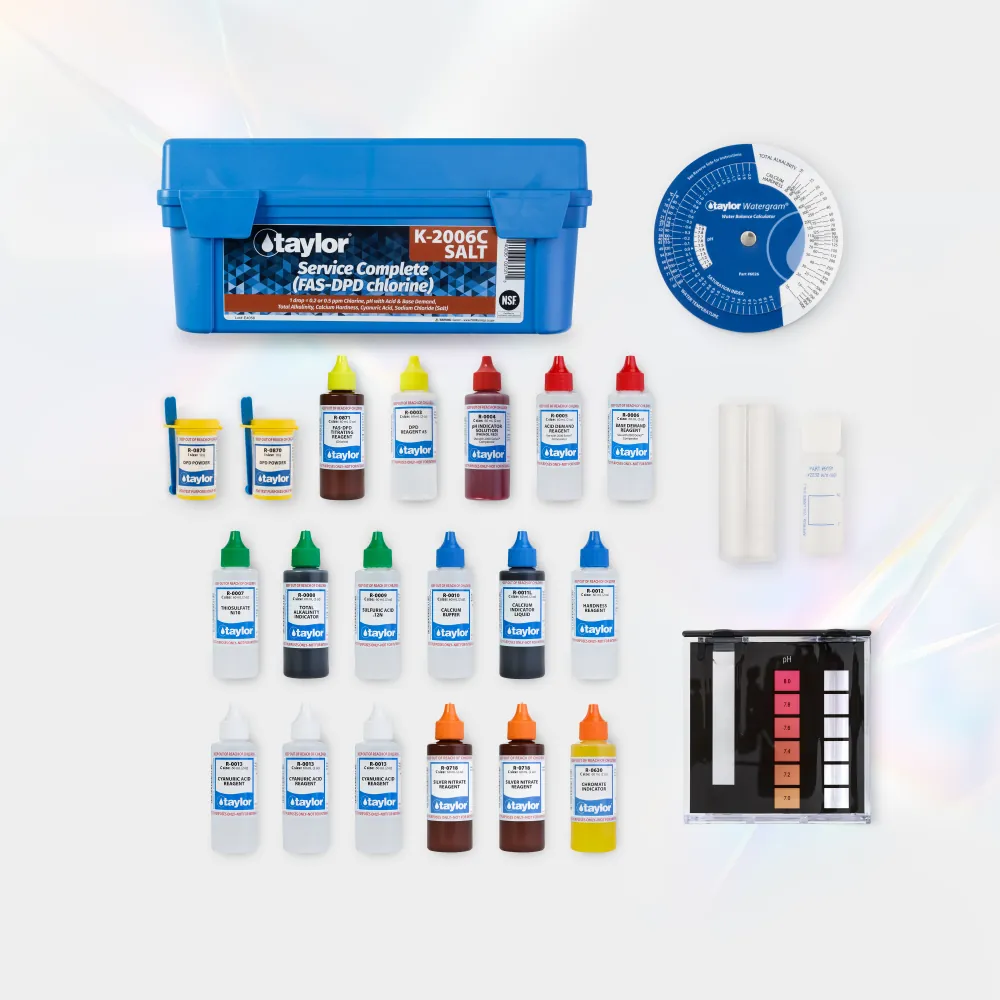Authentic Taylor pool testing kits neatly arranged on a retail store shelf.