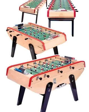 An authorized dealer display showcases an authentic Bonzini foosball table in a professional showroom.