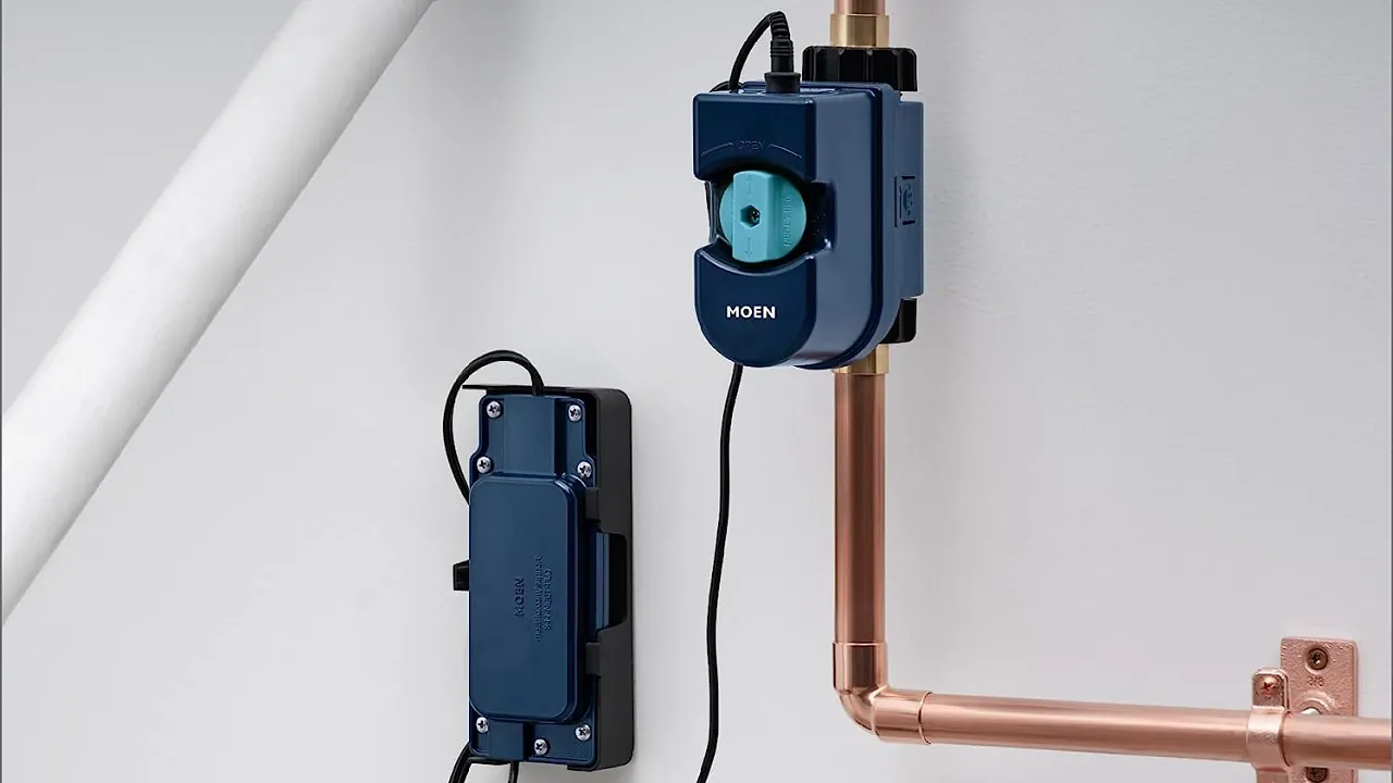 An automatic water shutoff valve installed on a main residential water pipe.