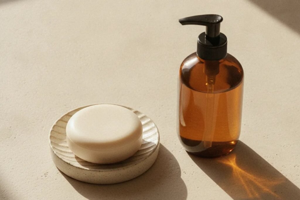 A bar of soap and a liquid soap dispenser side by side.