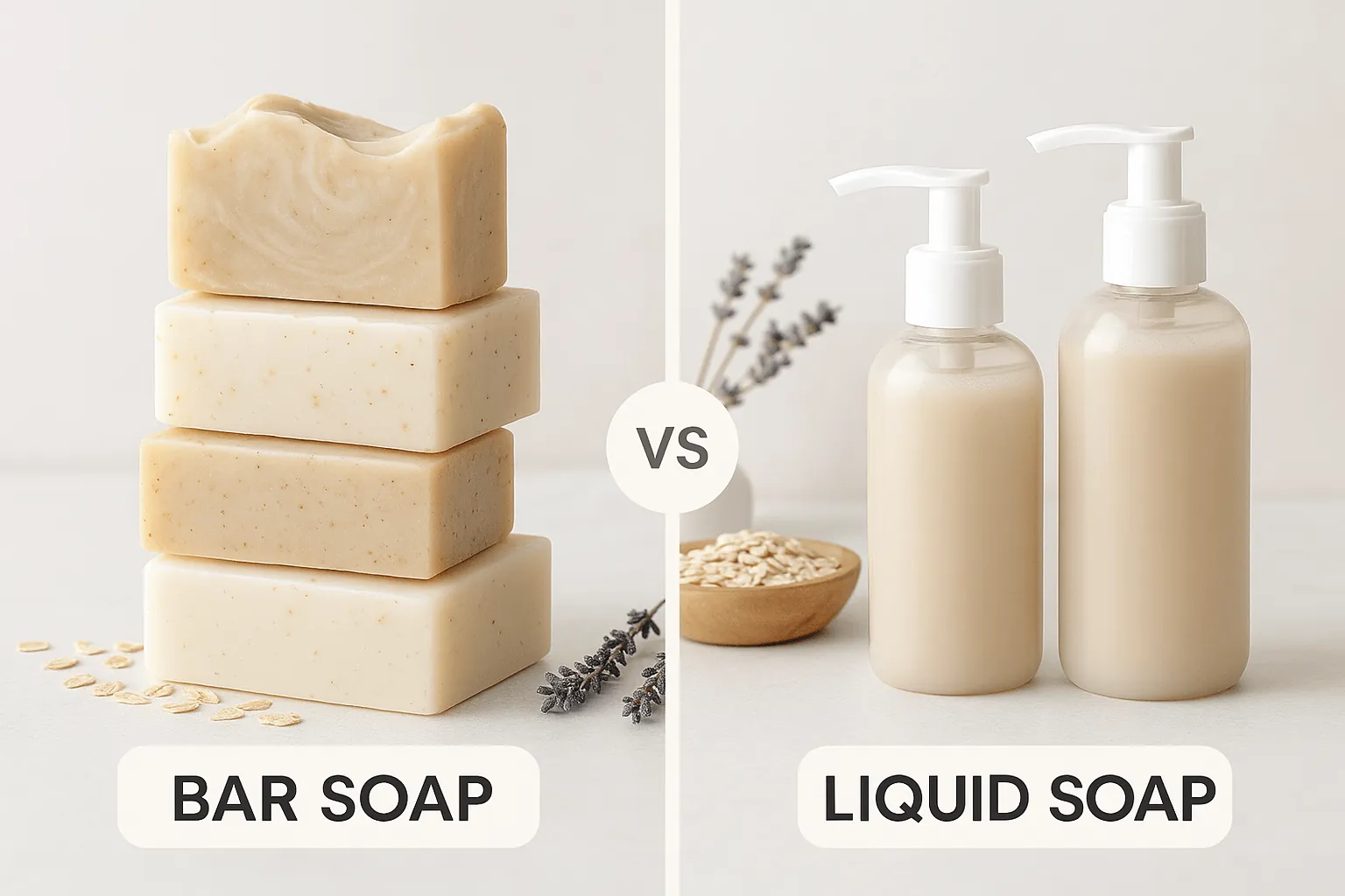 A bar of soap with residue next to a liquid soap bottle.