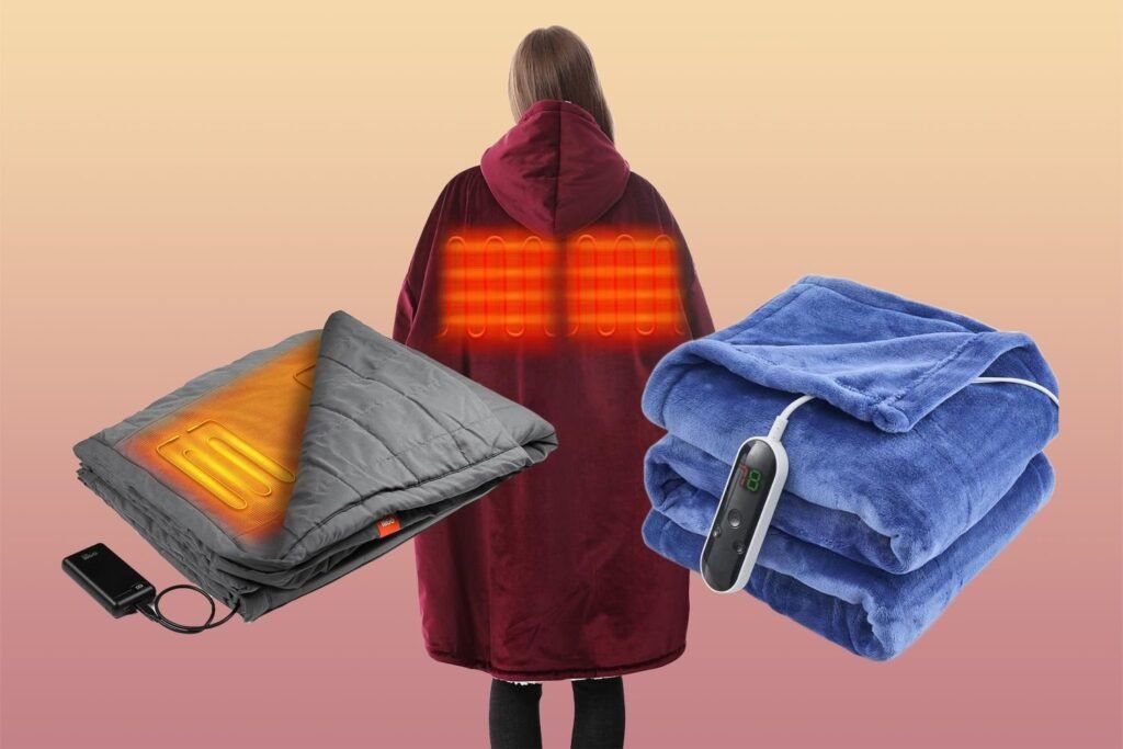 Battery-operated heated blanket on a camping cot at dusk in a forest