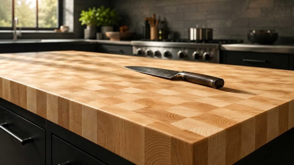 A beautifully finished wooden kitchen countertop featuring rich grain and natural materials.