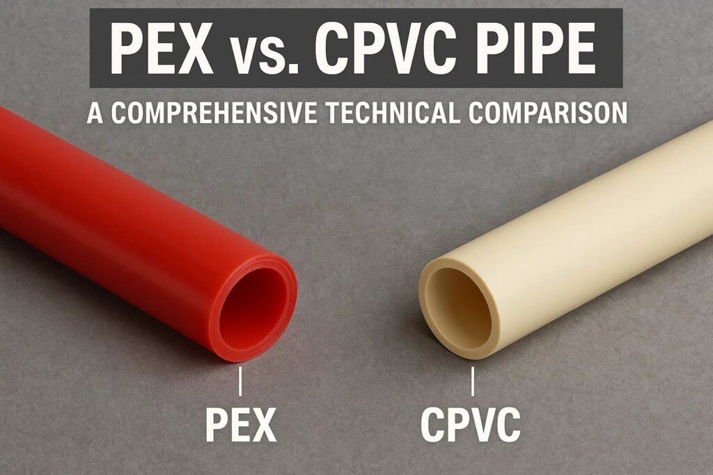 A blue flexible PEX pipe and a rigid CPVC pipe side by side.