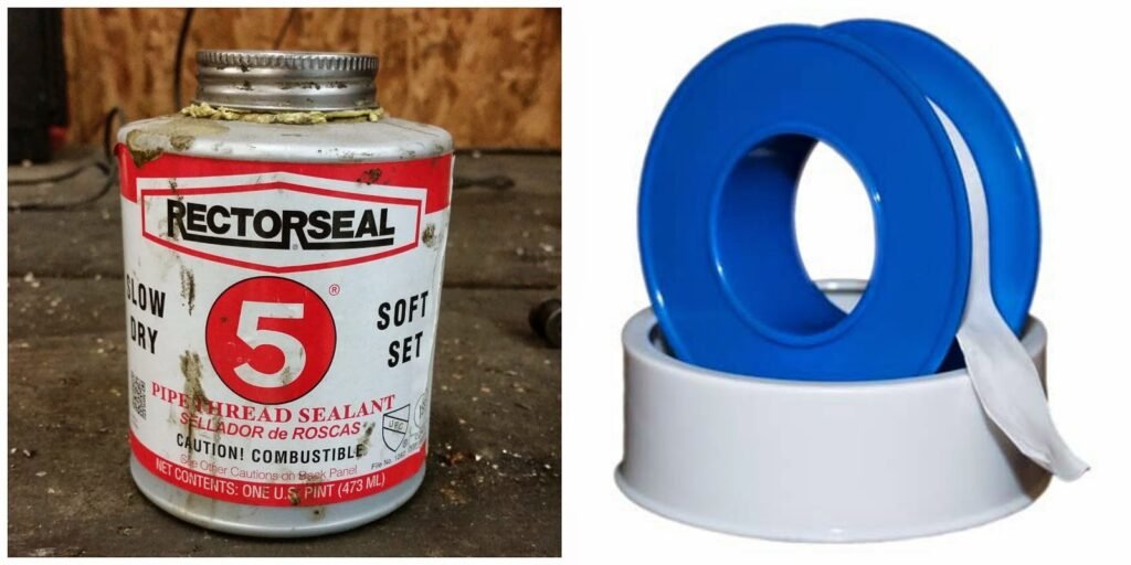 A brass pipe fitting displayed alongside pipe thread sealant and teflon tape.