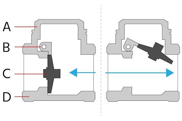 A brass swing check valve and stainless spring-loaded check valve sit side by side.